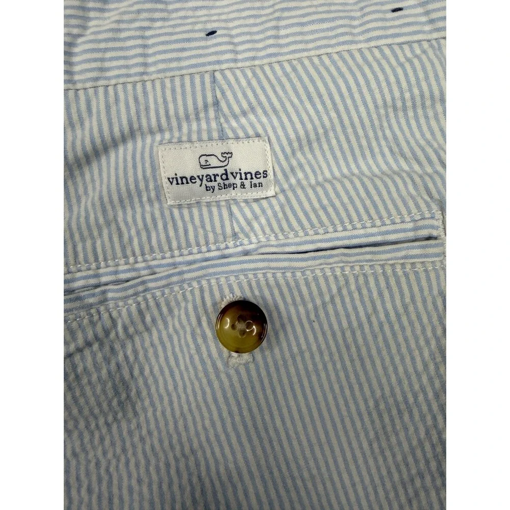 Vineyard Vines M 40 Seersucker Shorts Blue Wht Striped Cotton Stretch 9in- FLAWS